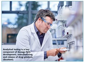 Analytical testing is a key component of dosage form development, manufacturing, and release of drug products (Quotient).