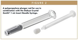 A polypropylene plunger rod for use in combination with the Daikyo Crystal Zenith® 1 mL Insert Needle Syringe.