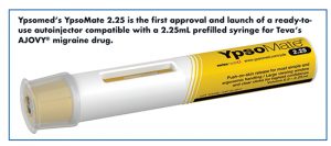 Ypsomed’s YpsoMate 2.25 is the first approval and launch of a ready-touse autoinjector compatible with a 2.25mL prefilled syringe for Teva’s AJOVY® migraine drug.