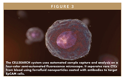 The CELLSEARCH system uses automated sample capture and analysis on a four-color semi-automated fluorescence microscope. It separates rare CTCs from blood using ferrofluid nanoparticles coated with antibodies to target EpCAM cells.