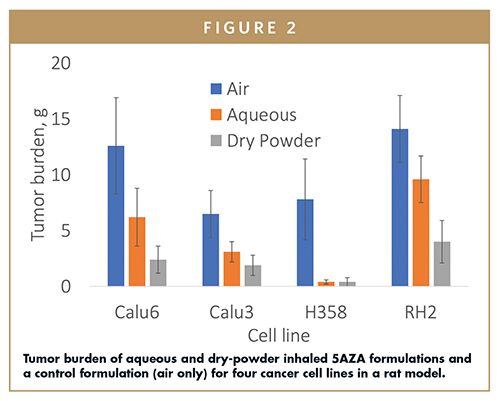 Tumor burden of aqueous and dry-powder inhaled 5AZA formulations and a control formulation (air only) for four cancer cell lines in a rat model.