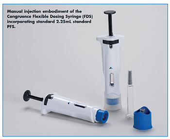 Manual injection embodiment of the Congruence Flexible Dosing Syringe (FDS) incorporating standard 2.25mL standard PFS.