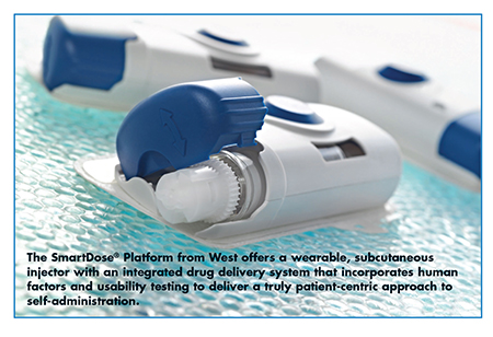 The SmartDose® Platform from West offers a wearable, subcutaneous injector with an integrated drug delivery system that incorporates human factors and usability testing to deliver a truly patient-centric approach to self-administration.