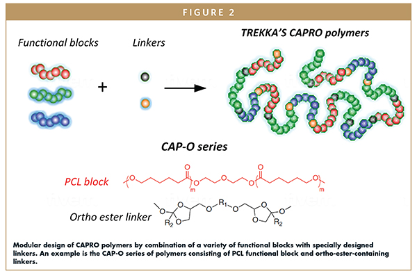 Modular design of CAPRO polymers by combination of a variety of functional blocks with specially designed linkers. An example is the CAP-O series of polymers consisting of PCL functional block and ortho-ester-containing linkers.