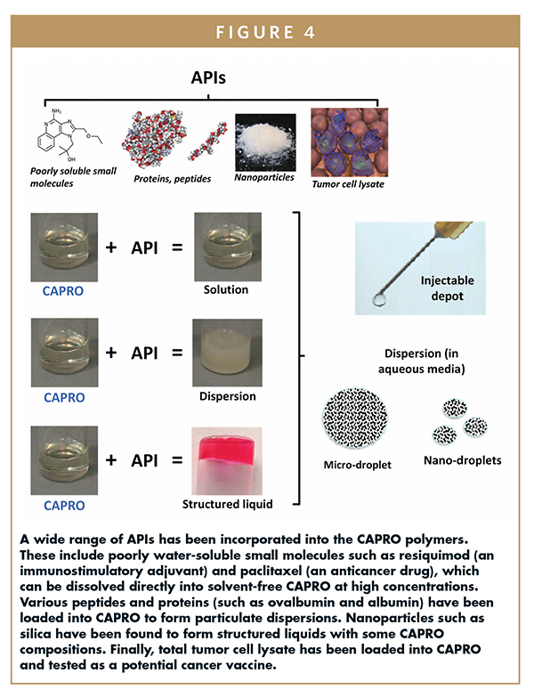 A wide range of APIs has been incorporated into the CAPRO polymers. These include poorly water-soluble small molecules such as resiquimod (an immunostimulatory adjuvant) and paclitaxel (an anticancer drug), which can be dissolved directly into solvent-free CAPRO at high concentrations. Various peptides and proteins (such as ovalbumin and albumin) have been loaded into CAPRO to form particulate dispersions. Nanoparticles such as silica have been found to form structured liquids with some CAPRO compositions. Finally, total tumor cell lysate has been loaded into CAPRO and tested as a potential cancer vaccine.