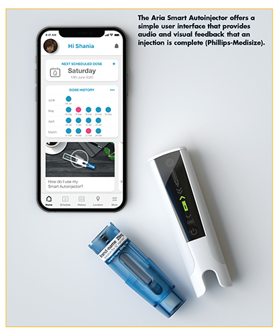 The Aria Smart Autoinjector offers a simple user interface that provides audio and visual feedback that an injection is complete (Phillips-Medisize).