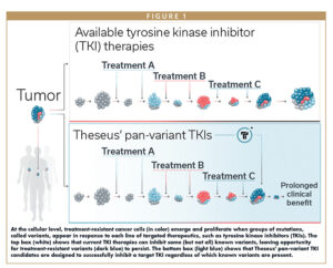 At the cellular level, treatment-resistant cancer cells (in color) emerge and proliferate when groups of mutations, called variants, appear in response to each line of targeted therapeutics, such as tyrosine kinase inhibitors (TKIs). The top box (white) shows that current TKI therapies can inhibit some (but not all) known variants, leaving opportunity for treatment-resistant variants (dark blue) to persist. The bottom box (light blue) shows that Theseus' pan-variant TKI candidates are designed to successfully inhibit a target TKI regardless of which known variants are present.