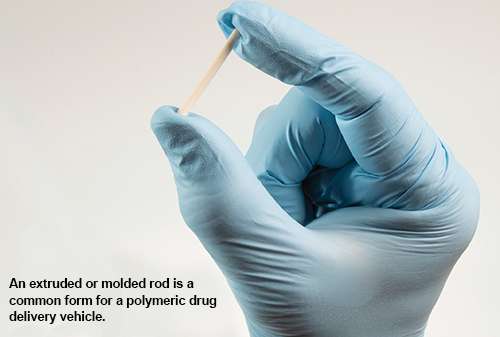 An extruded or molded rod is a common form for a polymeric drug delivery vehicle.