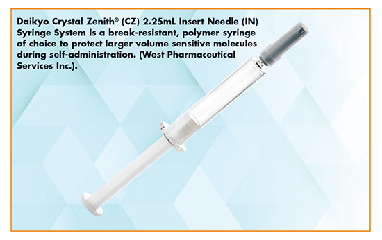 injecDaikyo Crystal Zenith® (CZ) 2.25mL Insert Needle (IN) Syringe System is a break-resistant, polymer syringe of choice to protect larger volume sensitive molecules during self-administration. (West Pharmaceutical Services Inc.).