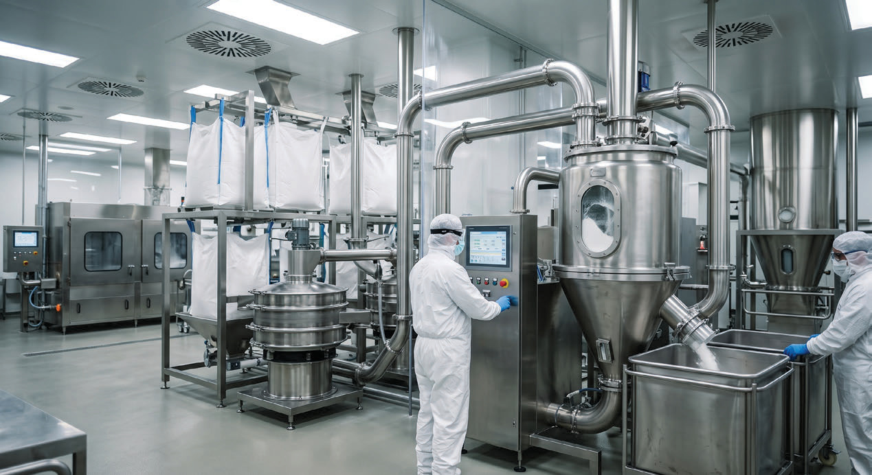 Modern pharmaceutical manufacturing facility with production equipment