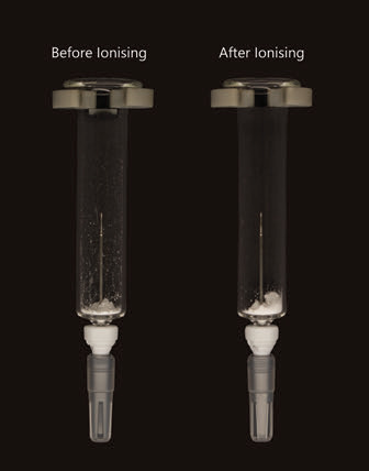 Side-by-side comparison of a syringe before and after ionising, showing elimination of powder in the stoppering region