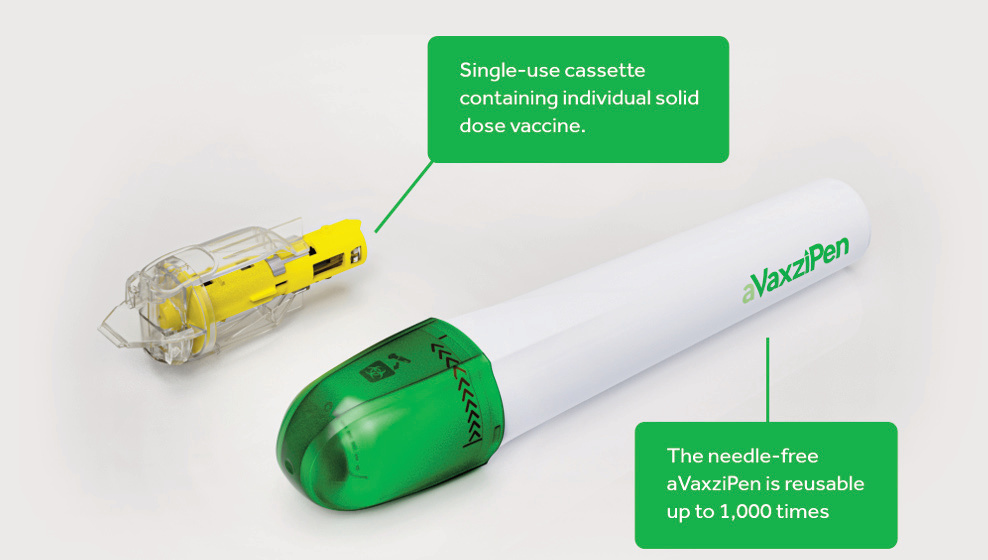 aVaxziPen needle-free device with single-use solid-dose vaccine cassette, reusable up to 1,000 times